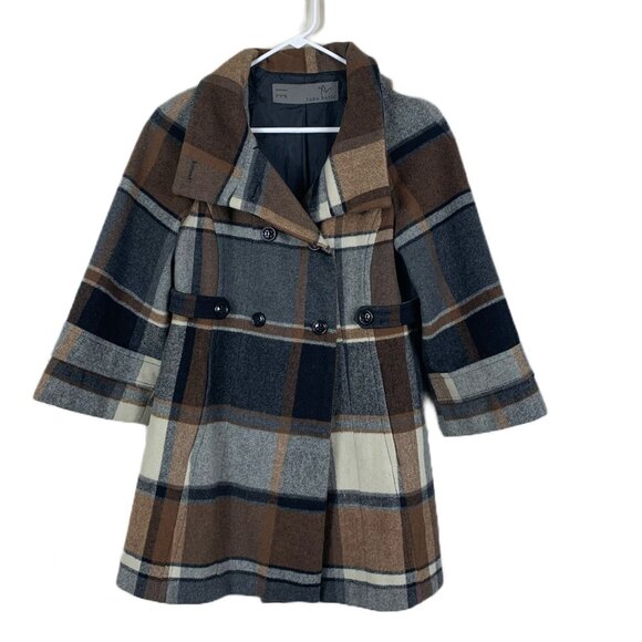 Zara Basic Women’s Wool Blend Brown Tartan Plaid Pea Coat - Size Small - Picture 1 of 8